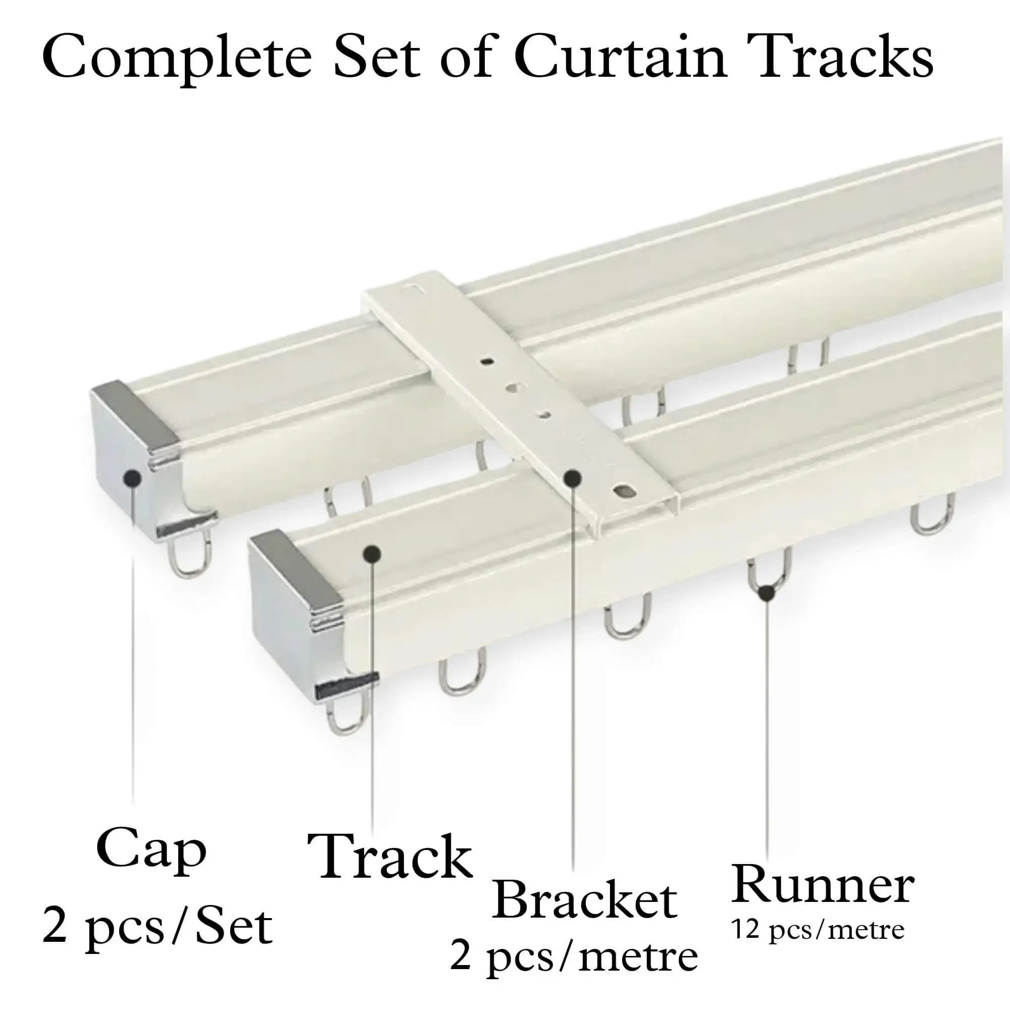 curtain track kit Complete curtain track set displayed with package contents: 2 end cap, 3 heavy-duty brackets, 1 curtain track, sliders, wall anchors, and screws. Text overlay highlights 'Package List'—everything needed for professional installation