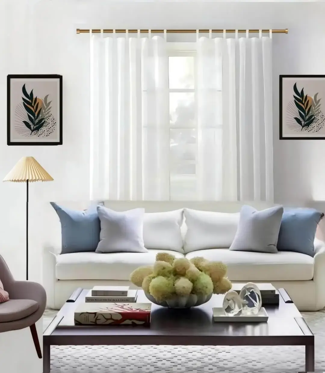 curtain rods for living room adjustable curtain rods for living hall - Elegant living room featuring a 12-foot adjustable golden curtain rod supporting flowing floor-length sheer curtains, styled with a plush sofa, colorful cushions, and framed wall art. Highlight: Extra-long 12-foot gold-finish rod designed for large windows