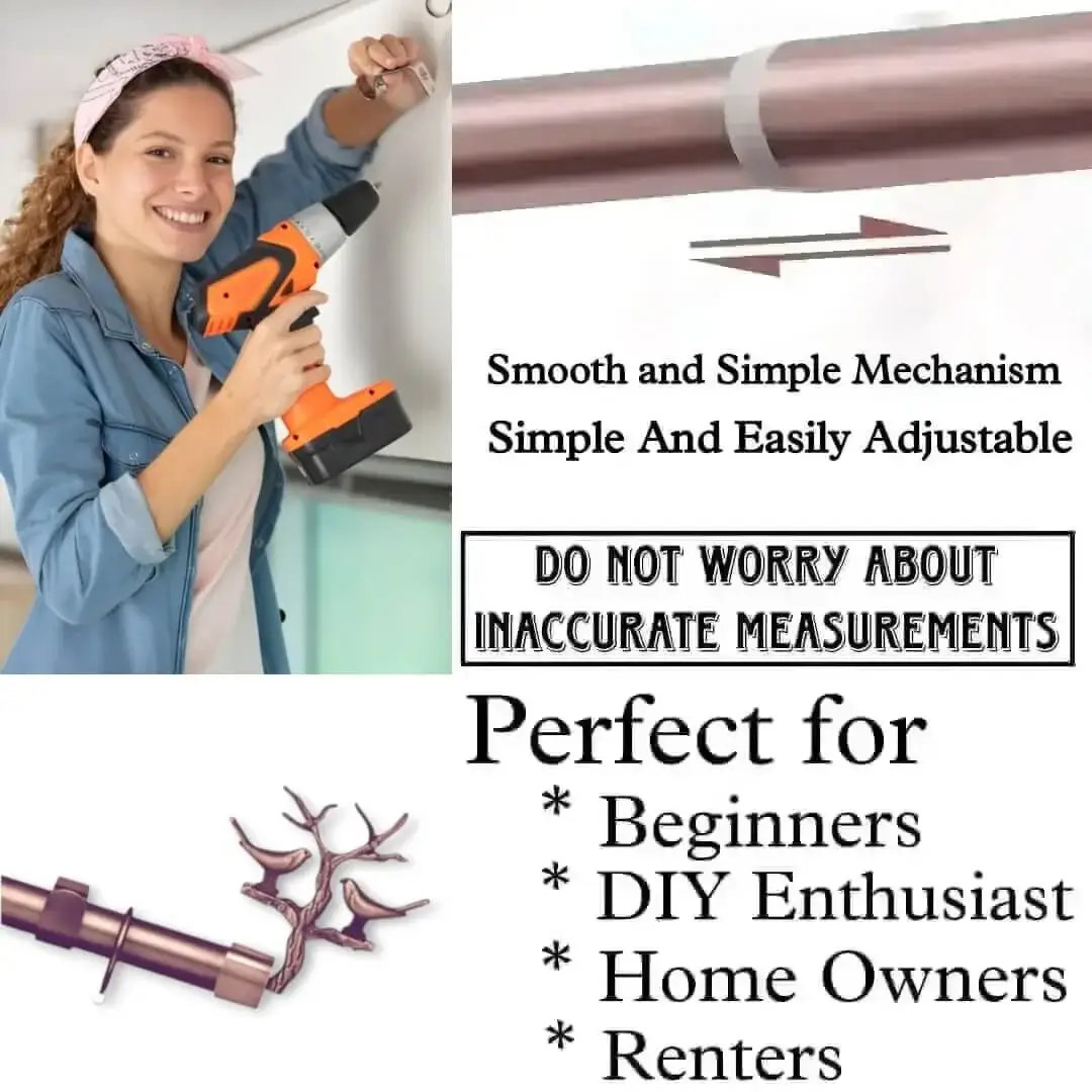extendable window rods extendable window rods - DIY girl installing curtain brackets with a drill—text highlights ‘Perfect for beginners, DIY enthusiasts, homeowners and renters!’ Features smooth telescoping rods, and easily adjustable design so you never worry about inaccurate measurements