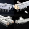 ceiling curtain track curtain track for ceiling, curtain track wall mount, Four-panel display: (1-2) Ceiling-mounted curtain track system (angled + straight views), and (3-4) Wall-mounted curtain track alternatives—showcasing versatile installation options for modern window treatments