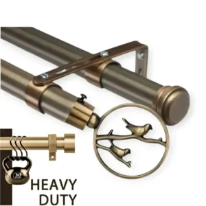 heavy duty antique double curtain rod - curtain Two-panel close-up: (1) Antique-finish curtain rod with intricate leaf and flower designs (decorative detail), and (2) another rod supporting heavy weights without bending—proving its dual elegance and industrial-strength durability for long-term use