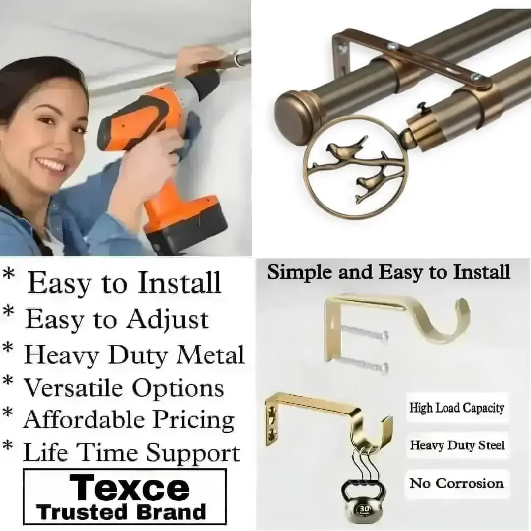 double curtain rods with brackets double curtain rods with brackets - Three-panel showcase: (1) DIY girl installing a curtain rod with a drill, (2) elegant bird-shaped finial rod design, and (3) close-up of heavy-duty steel brackets. Overlay text highlights: ‘Easy to install, corrosion-proof steel, versatile styles, affordable pricing, lifetime support, and Texce—a trusted brand