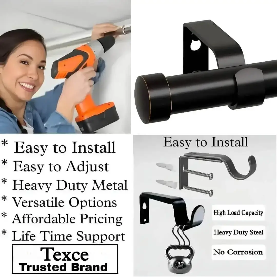 7 feet adjustable curtain pole with brackets 7 foot adjustable curtain pole with brackets - Three-panel showcase: (1) DIY girl installing a curtain rod with a drill, (2) elegant black curtain rod, and (3) close-up of heavy-duty steel brackets. Overlay text highlights: ‘Easy to install, corrosion-proof steel, versatile styles, affordable pricing, lifetime support, and Texce—a trusted brand