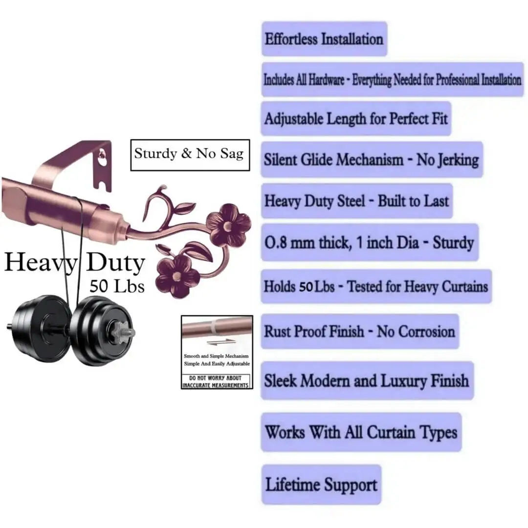 extra strong curtain rod extra strong curtain rod - rose gold curtain rod stress-tested holding 50 lbs of weight, proving heavy-duty performance. Text highlights: 'Effortless installation (all hardware included), adjustable length, silent glide mechanism, 0.8mm thick steel (1-inch diameter), rust-proof finish. Sleek modern design works with all curtain types—backed by lifetime support