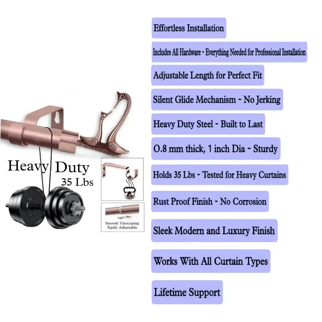 strong curtain rod for curtains strong curtain rod for curtains - rose gold curtain rod stress-tested holding 50 lbs of weight, proving heavy-duty performance. Text highlights: 'Effortless installation (all hardware included), adjustable length, silent glide mechanism, 0.8mm thick steel (1-inch diameter), rust-proof finish. Sleek modern design works with all curtain types—backed by lifetime support