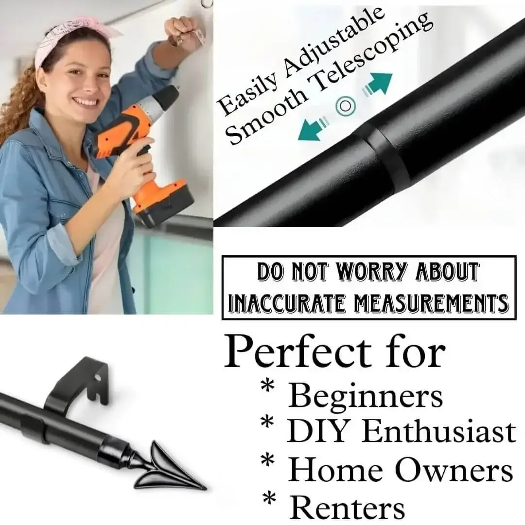 extendable curtain rod set black extendable curtain rod set black - DIY girl installing curtain rods with a drill—text highlights ‘Perfect for beginners, DIY enthusiasts, homeowners and renters!’ Features smooth telescoping rods, and easily adjustable design so you never worry about inaccurate measurements