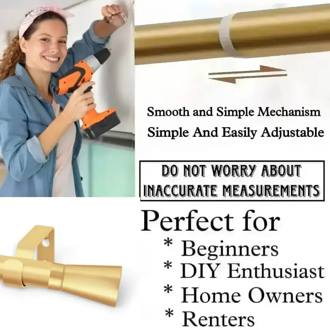 adjustable curtain rod set with brackets adjustable curtain pole set with brackets - DIY girl installing curtain brackets with a drill—text highlights ‘Perfect for beginners, DIY enthusiasts, homeowners and renters!’ Features tool-free brackets, smooth telescoping rods, and easily adjustable design so you never worry about inaccurate measurements.