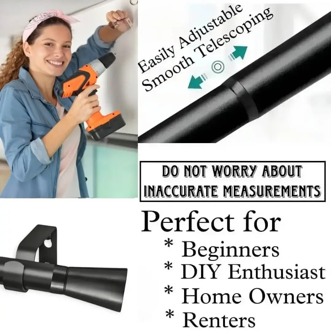 sliding curtain rods sliding curtain rods - showcase, DIY girl installing curtain rods with a drill—text highlights ‘Perfect for DIY enthusiasts, Apartments, renters, beginners, home owners !’ Features smooth telescoping rods, and easily adjustable design so you never worry about inaccurate measurements