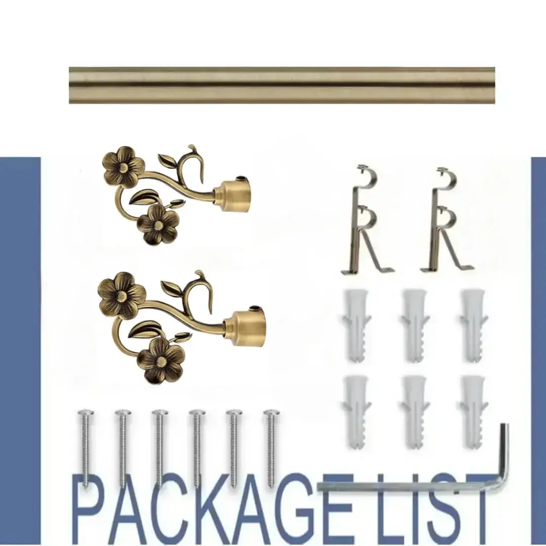 curtain rod set with brackets curtain rod set with brackets - curtain rod set showcase, complete curtain pipe set with accessories displayed with all included components: 2 decorative finials, 3 heavy duty brackets, 1 rod, wall anchors, and screws. Text overlay lists the 'Package List,' showcasing everything needed for professional installation.