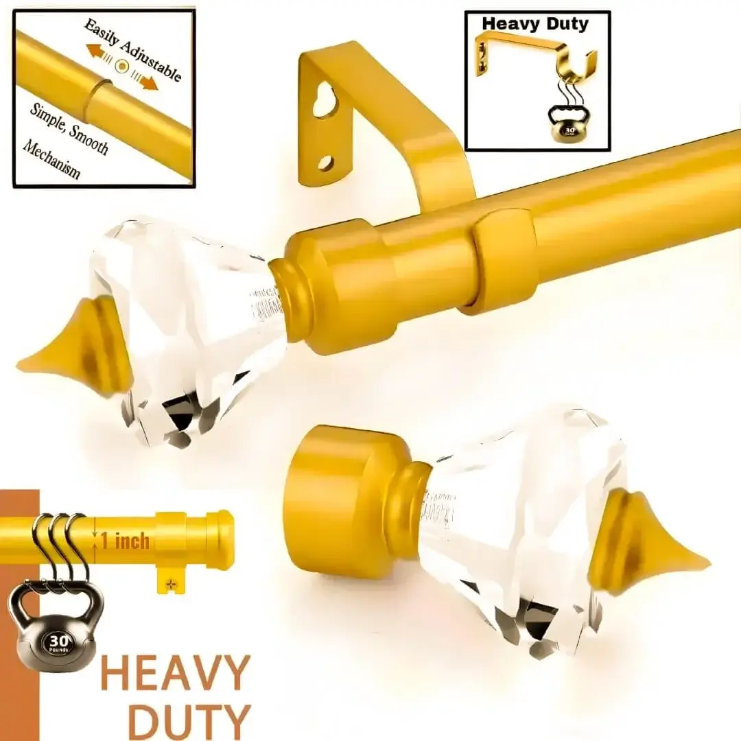 golden adjustable curtain rod golden adjustable curtain rod - Four-panel product showcase: 1) Elegant gold adjustable curtain rod with crystal finial ends for a luxury window treatment. 2) Close-up demonstrating smooth telescoping adjustability with text 'easily adjustable, simple smooth mechanism' for perfect fitting. 3) Heavy-duty curtain bracket supporting significant weight with 'heavy duty' text highlight, emphasizing strength and durability. 3) Heavy duty curtain rods supporting significant weight with 'heavy duty' text highlight, emphasizing strength and durability.