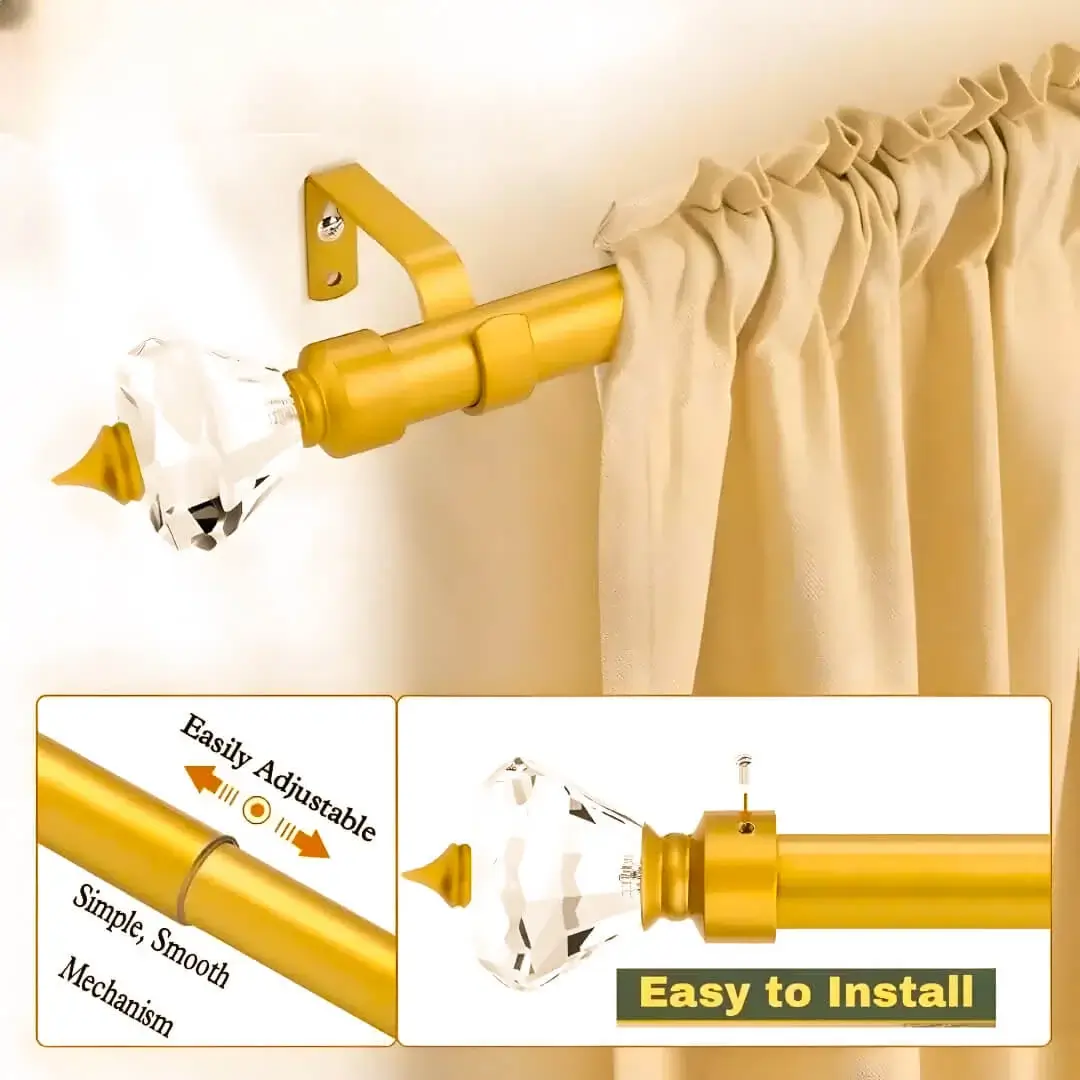 gold adjustable curtain pole gold adjustable curtain pole - Three-panel feature of a pocket curtain rod: 1) Beautiful pocket-style curtain hanging from a gold rod with crystal finial ends. 2) Adjustable curtain rod mechanism with 'easily adjustable' text highlight. 3) Demonstration of simple installation with 'easy to install, simple mechanism' highlight.