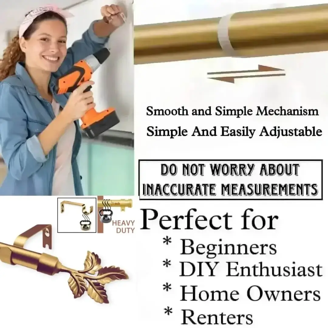 gold-adjustable-curtain-rods-1.webp extendable curtain rod set gold look - DIY girl installing curtain rods with a drill—text highlights ‘Perfect for beginners, DIY enthusiasts, homeowners and renters!’ Features smooth telescoping rods, and easily adjustable design so you never worry about inaccurate measurements