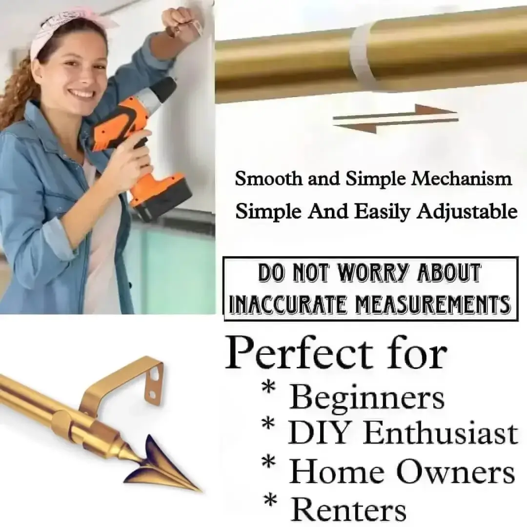 gold adjustable curtain rod gold adjustable curtain rod - DIY girl installing curtain brackets with a drill—text highlights ‘Perfect for beginners, DIY enthusiasts, homeowners & renters!’ Features smooth telescoping rods, and easily adjustable design so you never worry about inaccurate measurements