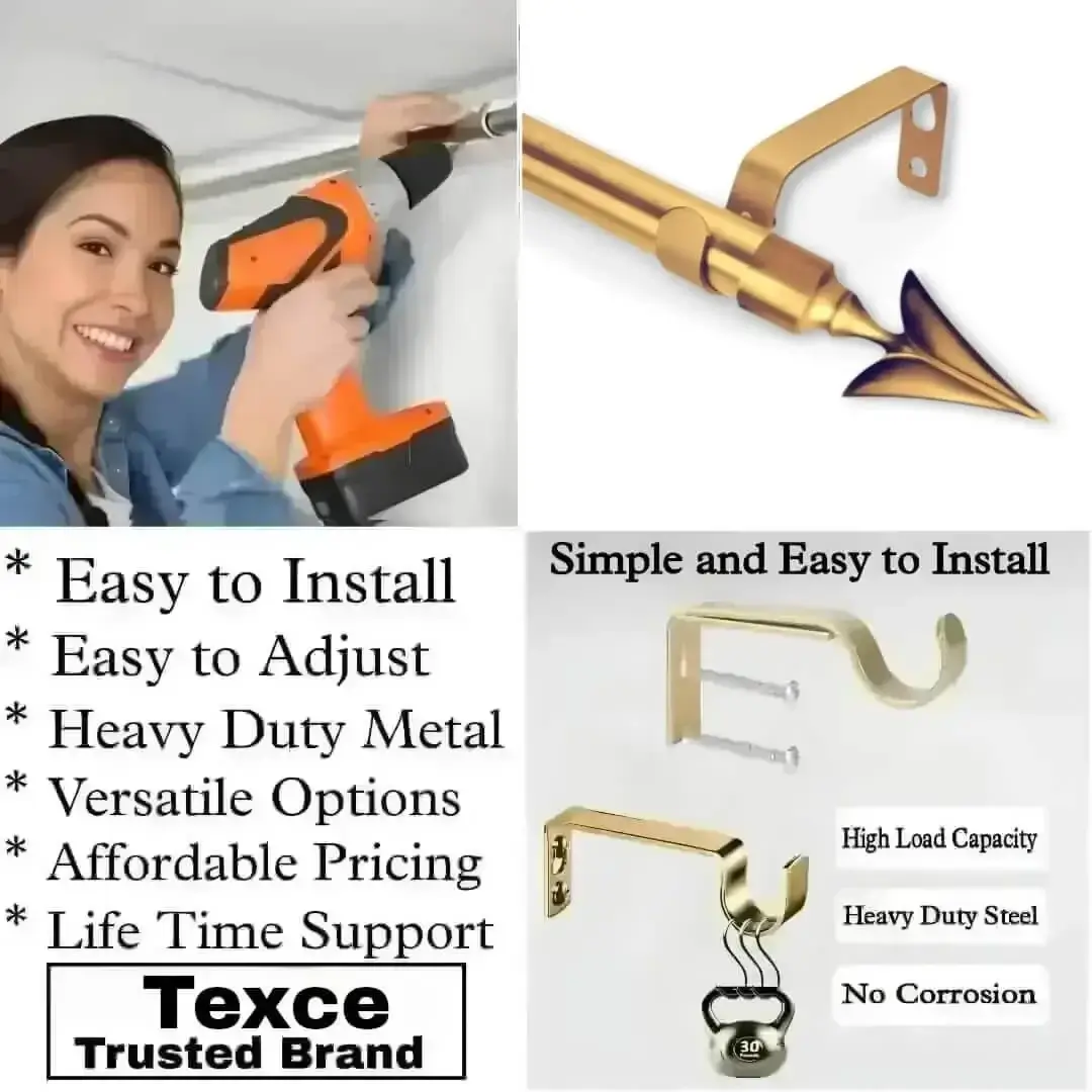 curtain rod kit with brackets curtain rod kit with brackets - Three-panel showcase: (1) DIY girl installing a curtain rod with a drill, (2) elegant end cap curtain rod design, and (3) close-up of heavy-duty steel brackets. Overlay text highlights: ‘Easy to install, corrosion-proof steel, versatile styles, affordable pricing, lifetime support, and Texce—a trusted brand