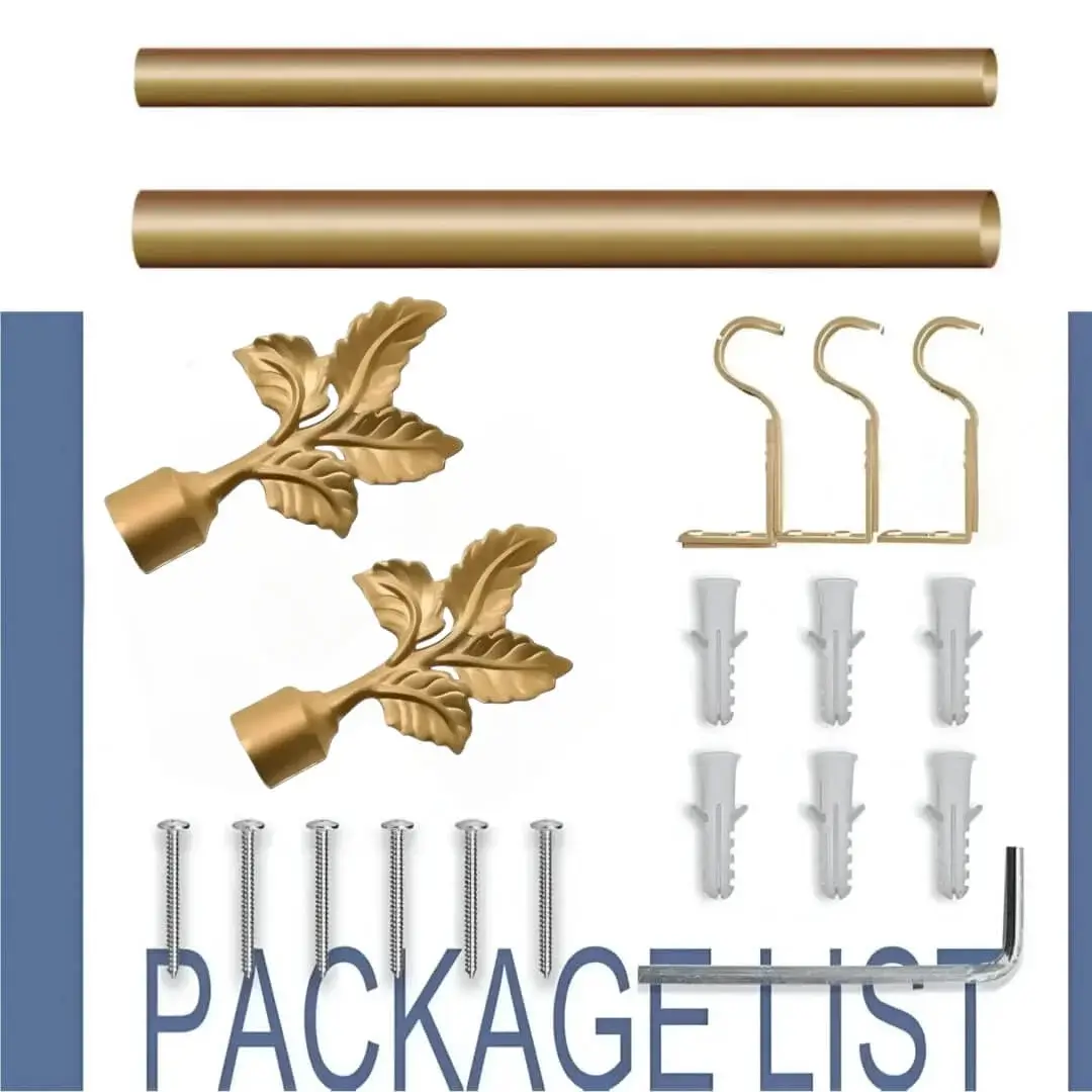 gold curtain pole set gold curtain pole set - gold curtain rod set showcase, complete curtain pipe set with accessories displayed with all included components: 2 decorative finials, 3 heavy duty brackets, 1 rod, wall anchors, and screws. Text overlay lists the 'Package List,' showcasing everything needed for professional installation.