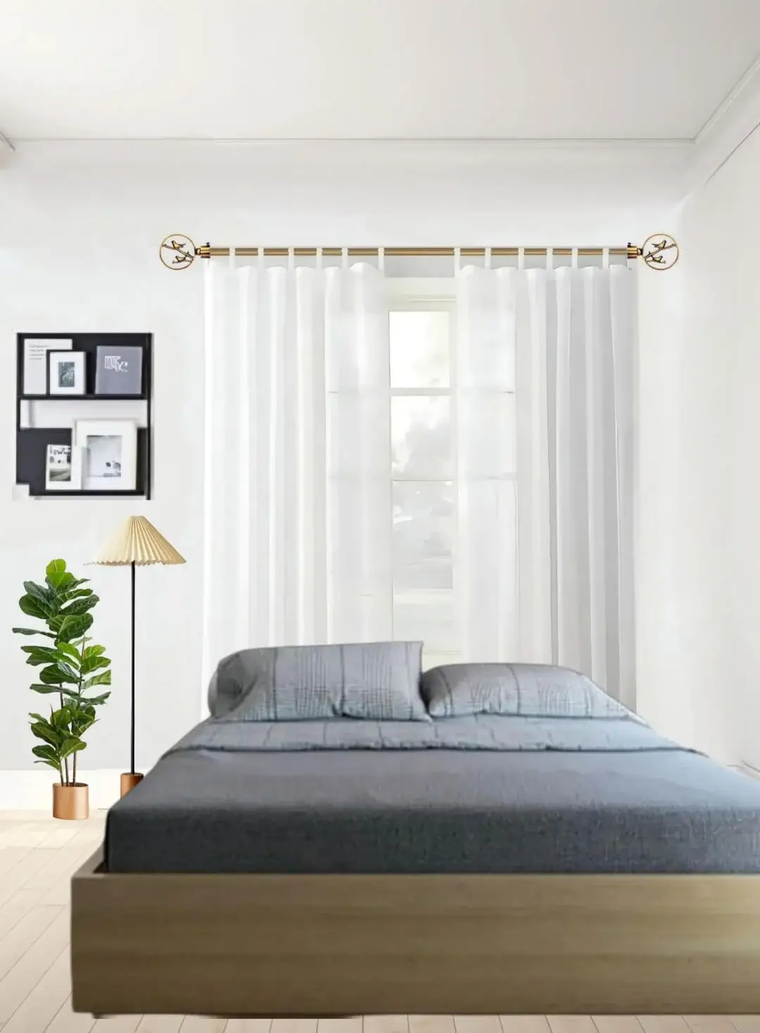 antique gold curtain rod set for bedroom antique gold curtain rod set for bedroom - Elegant sheer curtains cascading from a luxurious gold curtain rod in a stylish bedroom, featuring a cot, wall painting, side lamp, and potted plant—creating a bright, airy, and sophisticated ambiance