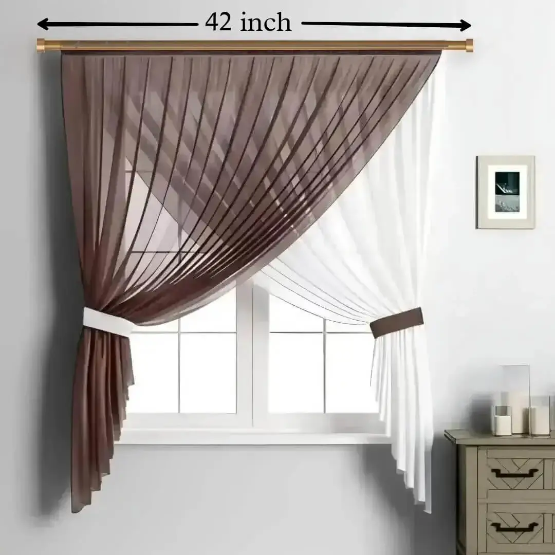 42 inch curtain pole 42 inch curtain pole - Elegant sheer curtains hanging from a small 42-inch gold curtain rod, perfectly fitted for a small compact window. Ideal for small spaces and cozy interiors