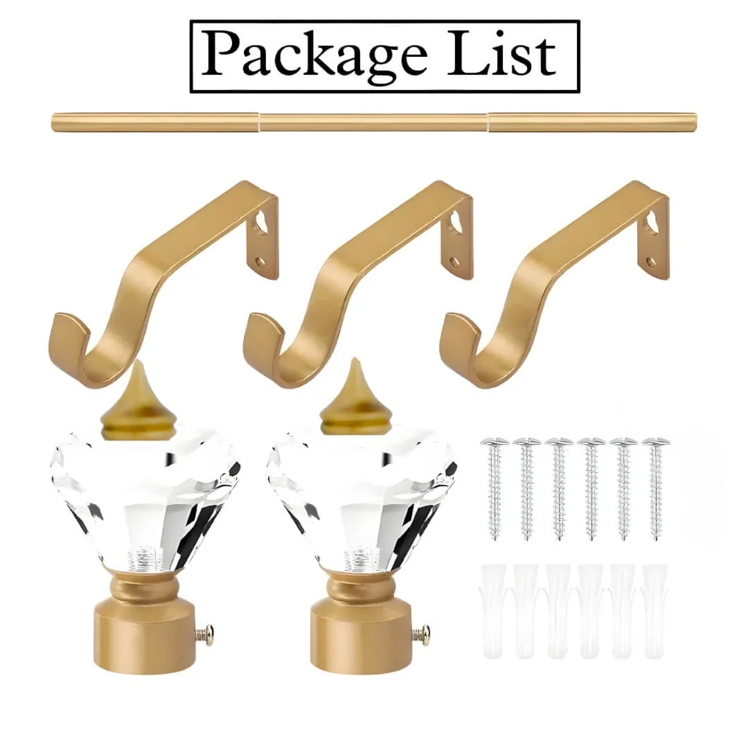 gold curtain rod kit with crystal ends gold adjustable curtain rod set -adjustable curtain rod 12 feet extension kit,, showcase, complete curtain pipe set with accessories displayed with all included components: 2 decorative crystal diamond finials, 3 heavy duty brackets, 2 adjustable rods, wall anchors, and screws. Text overlay lists the 'Package List,' showcasing everything needed for professional installation.