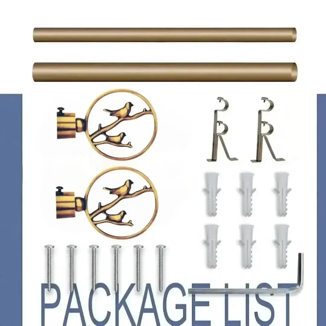 antique gold double curtain rod set with brackets antique gold double curtain rod set with brackets - complete gold curtain rod set with accessories displayed with all included components: 2 decorative finials, 3 heavy duty brackets, 1 rod, wall anchors, and screws. Text overlay lists the 'Package List,' showcasing everything needed for professional installation.
