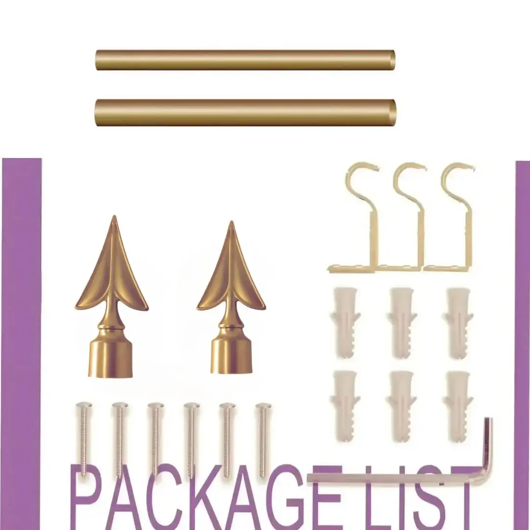 gold drapery rod set gold curtain pole set - showcase, complete gold curtain rod set with accessories displayed with all included components: 2 decorative finials, 3 heavy duty brackets, 1 rod, wall anchors, and screws. Text overlay lists the 'Package List,' showcasing everything needed for professional installation.