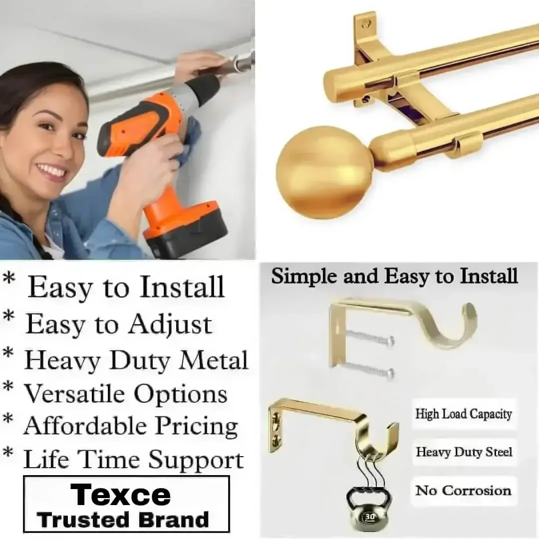 extendable gold curtain rod set with brackets extendable gold curtain rod set with brackets - Three-panel showcase: (1) DIY girl installing a curtain rod with a drill, (2) elegant gold rod with ball finial design, and (3) close-up of heavy-duty steel brackets. Overlay text highlights: ‘Easy to install, corrosion-proof steel, versatile styles, affordable pricing, lifetime support, and Texce—a trusted brand