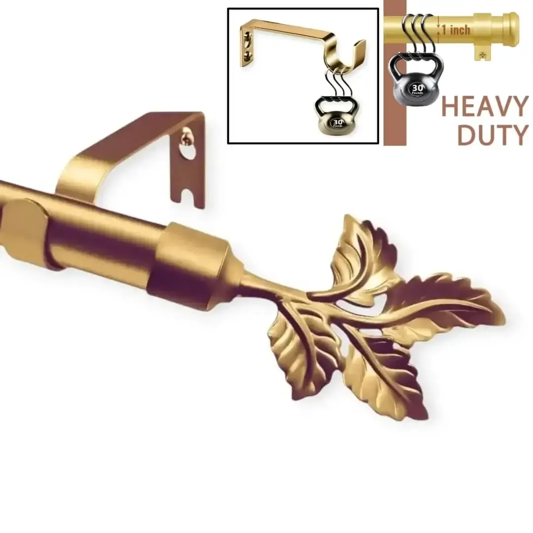 gold curtain rod set heavy duty gold curtain rod set heavy duty - Three-panel luxury gold curtain rod showcase: (1) Decorative leaf finials and brackets (elegant close-up), (2) Rod stress-tested with heavy weights (no bending), (3) Bracket load test—proving both opulent design and industrial strength for flawless performance