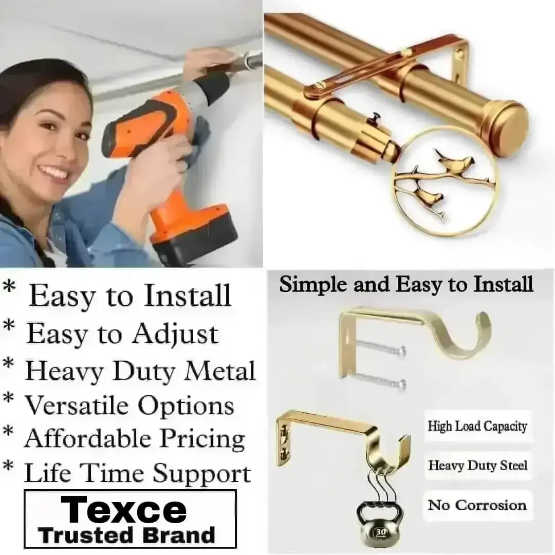 antique gold double curtain rod set with fittings antique gold double curtain rod set with fittings - Three-panel showcase: (1) DIY girl installing a curtain rod with a drill, (2) elegant bird-shaped finial rod design, and (3) close-up of heavy-duty steel brackets. Overlay text highlights: ‘Easy to install, corrosion-proof steel, versatile styles, affordable pricing, lifetime support, and Texce—a trusted brand.