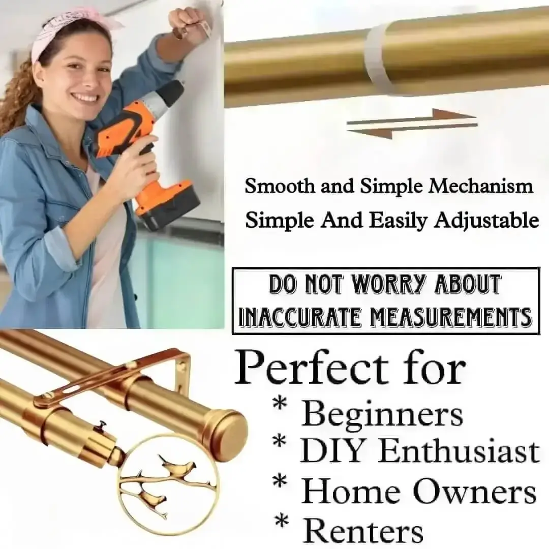 adjustable double curtain rod set adjustable double curtain rod set - DIY girl installing curtain brackets with a drill—text highlights ‘Perfect for beginners, DIY enthusiasts, homeowners & renters!’ Features tool-free brackets, smooth telescoping rods, and easily adjustable design so you never worry about inaccurate measurements