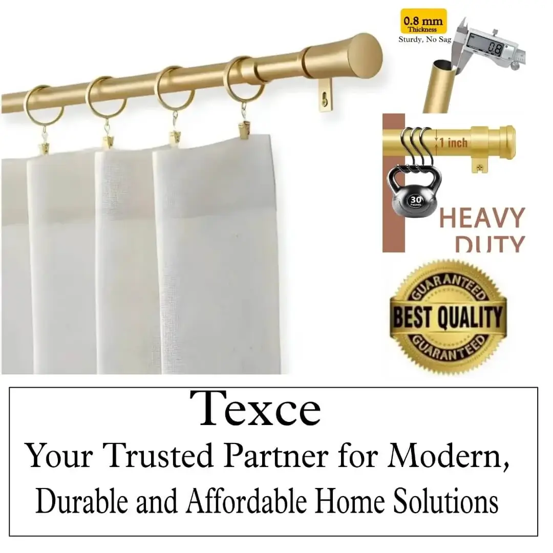 best curtain pole set with brackets best curtain pole set with brackets - Elegant white sheer curtains hanging on a gold curtain rod. Overlay text highlights: ‘0.8 mm thick, Sturdy and No Sag, Heavy duty construction, Premium quality guaranteed—Texce, your trusted partner for modern, durable, and affordable home décor solutions