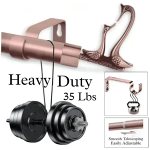 adjustable curtain rod set with finials and brackets - showcase: (1) Rose gold curtain rod with leaf finial supporting 35 lbs weight (text: 'Heavy Duty, Thick and Sturdy'), proving luxury meets strength (0.8mm thick, 1-inch diameter). (2) Smooth telescoping adjustment (text: 'Simple and Smooth'). (3) Ideal for heavy blackout curtains.
