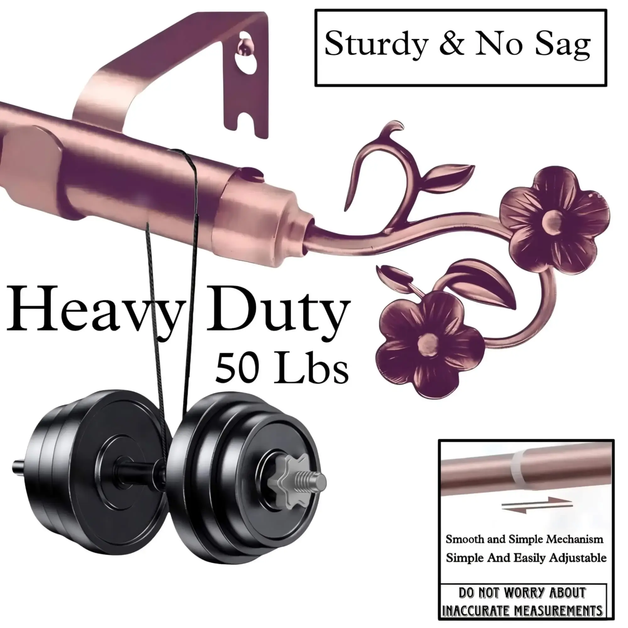 heavy duty expandable curtain rod set heavy duty expandable curtain rod set - Three images of a heavy-duty adjustable curtain rod: 1) Rose gold rod with floral finial supporting 35 lbs of curtains (text: 'Heavy Duty – Holds 35 lbs'); 2) Close-up of smooth telescoping mechanism ('Easily Adjustable'); demonstrating durability for long-lasting use, 3) curtain bracket holding heavy weight showcasing its strength and demonstrating durablity.