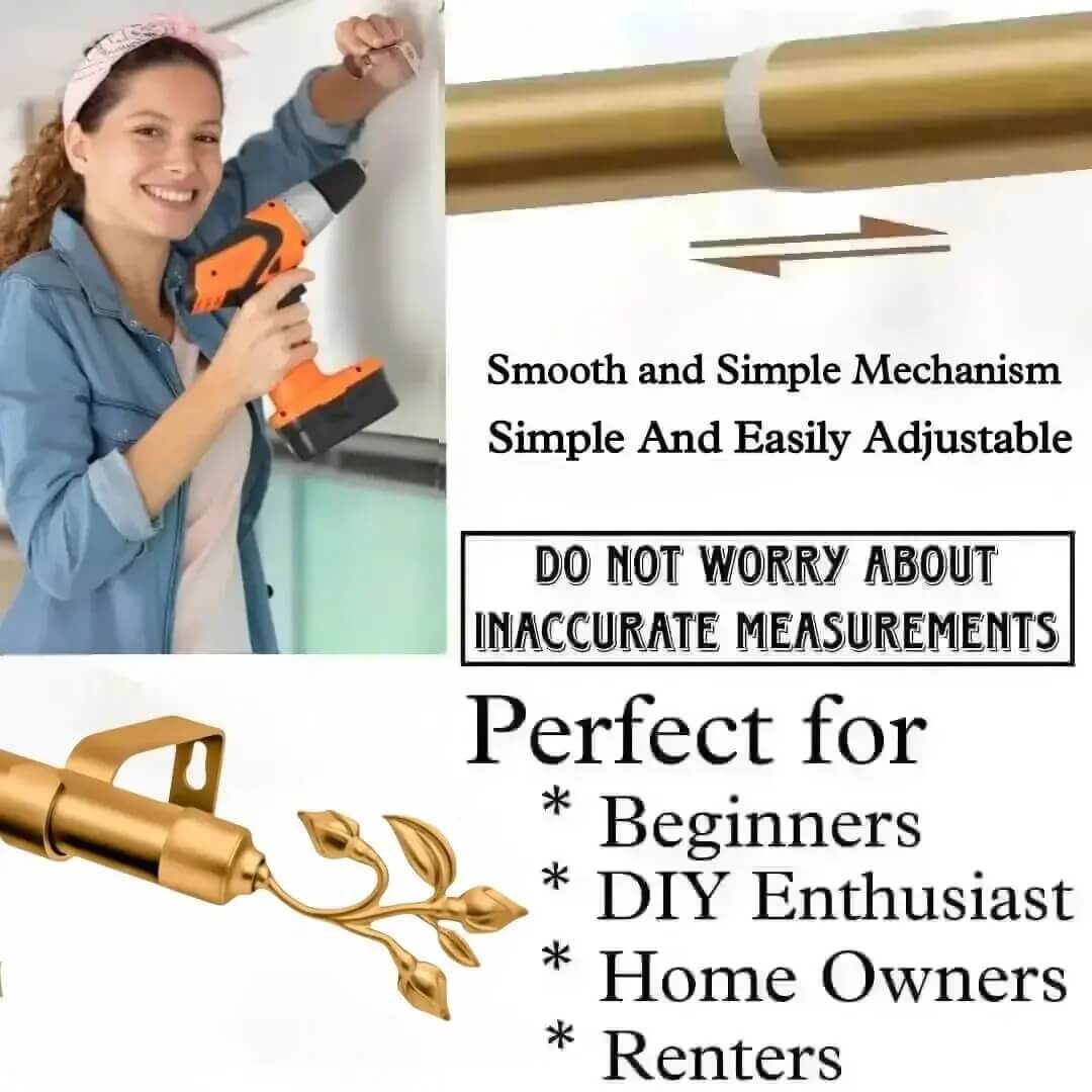 extendable curtain pole extendable curtain pole - showcase, DIY girl installing curtain rods with a drill—text highlights ‘Perfect for beginners, DIY enthusiasts, homeowners and renters!’ Features smooth telescoping rods, and easily adjustable design so you never worry about inaccurate measurements