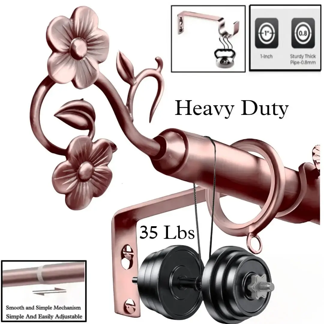 extendable heavy duty curtain rod set extendable heavy duty curtain rod set - Three images of a heavy-duty adjustable curtain rod: 1) Rose gold rod with floral finial supporting 35 lbs of curtains (text: 'Heavy Duty – Holds 35 lbs'); 2) Close-up of smooth telescoping mechanism ('Easily Adjustable'); demonstrating durability for long-lasting use, 3) curtain bracket holding heavy weight showcasing its strength and demonstrating durablity.
