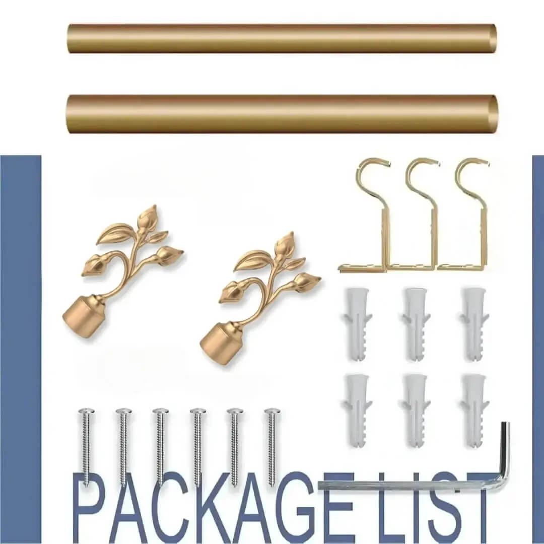 antique gold double curtain rod set antique gold double curtain rod set - complete gold curtain rod set with accessories displayed with all included components: 2 decorative finials, 3 heavy duty brackets, 1 rod, wall anchors, and screws. Text overlay lists the 'Package List,' showcasing everything needed for professional installation.