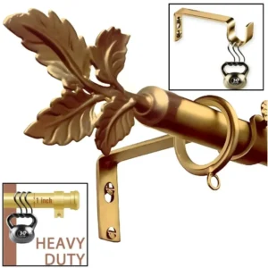 heavy duty gold curtain rod set - Three-panel luxury gold curtain rod showcase: (1) Decorative leaf finials and brackets (elegant close-up), (2) Rod stress-tested with heavy weights (no bending), (3) Bracket load test—proving both opulent design and industrial strength for flawless performance