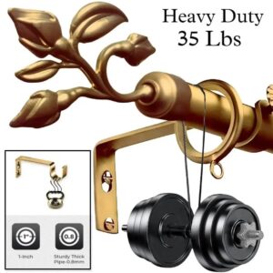 heavy duty curtain rods with brackets - Two-panel proof of durability: (1) Gold curtain rod with leaf finial holding 33 lbs (0.8mm thick, 1-inch diameter)—text highlights 'Heavy Duty, Thick and Sturdy'. (2) Matching bracket stress-tested with heavy weights, showcasing unmatched strength. Luxury meets industrial performance
