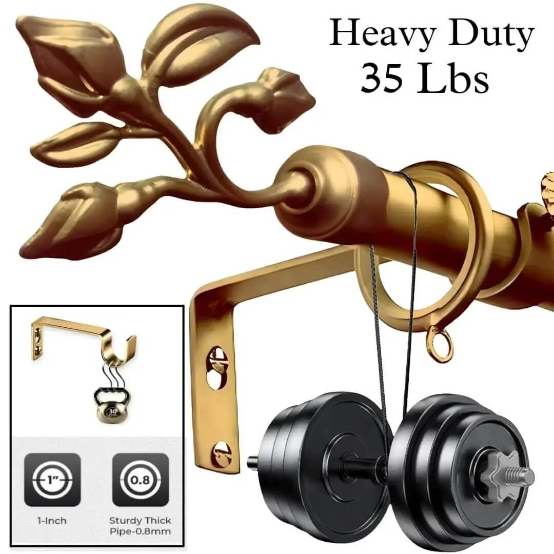 heavy duty curtain rods with brackets heavy duty curtain rods with brackets - Two-panel proof of durability: (1) Gold curtain rod with leaf finial holding 33 lbs (0.8mm thick, 1-inch diameter)—text highlights 'Heavy Duty, Thick and Sturdy'. (2) Matching bracket stress-tested with heavy weights, showcasing unmatched strength. Luxury meets industrial performance