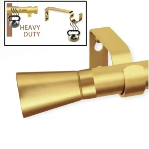 curtain rod with brackets - showcase: 1) Main view of the elegant gold finish curtain rod, 2) Close-up of the rod supporting heavy weight labeled 'Heavy Duty' demonstrating its strength, and 3) Close-up of the gold bracket holding 30 lbs, proving its superior load capacity.