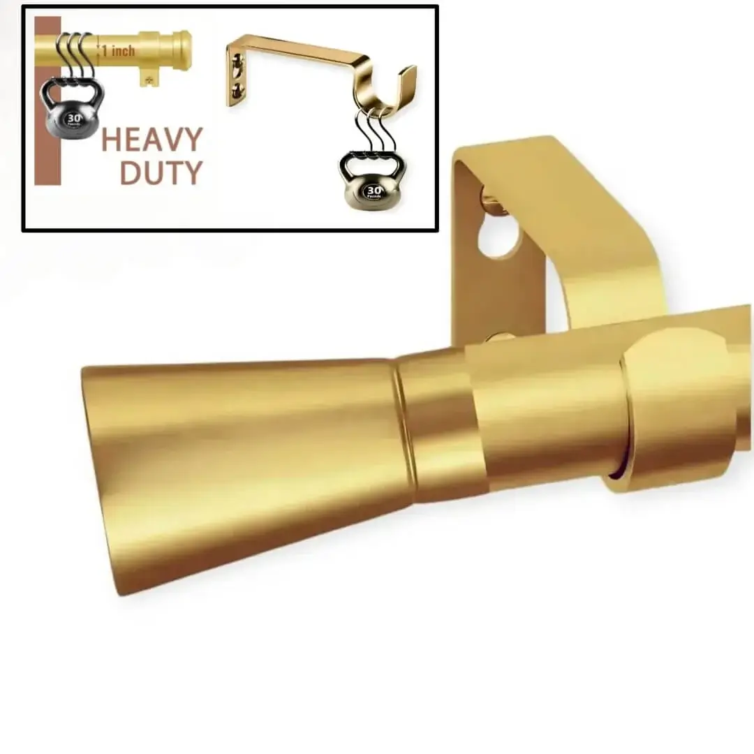 curtain rod with brackets curtain rod with brackets - showcase: 1) Main view of the elegant gold finish curtain rod, 2) Close-up of the rod supporting heavy weight labeled 'Heavy Duty' demonstrating its strength, and 3) Close-up of the gold bracket holding 30 lbs, proving its superior load capacity.
