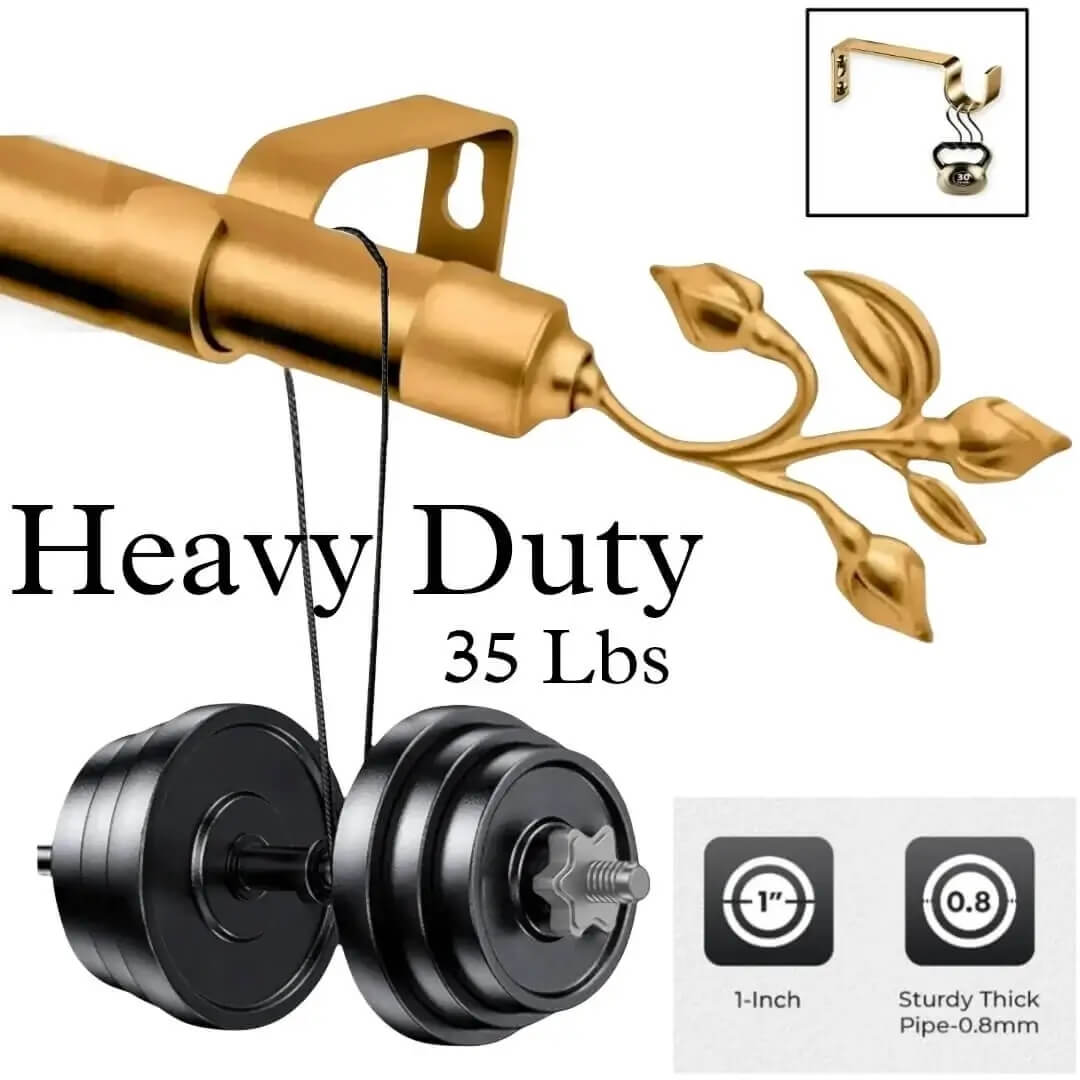 heavy duty rod for curtains heavy duty rod for curtains - Two-panel proof of durability: (1) Gold curtain rod with leaf finial holding 33 lbs (0.8mm thick, 1-inch diameter)—text highlights 'Heavy Duty, Thick and Sturdy'. (2) Matching bracket stress-tested with heavy weights, showcasing unmatched strength. Luxury meets industrial performance