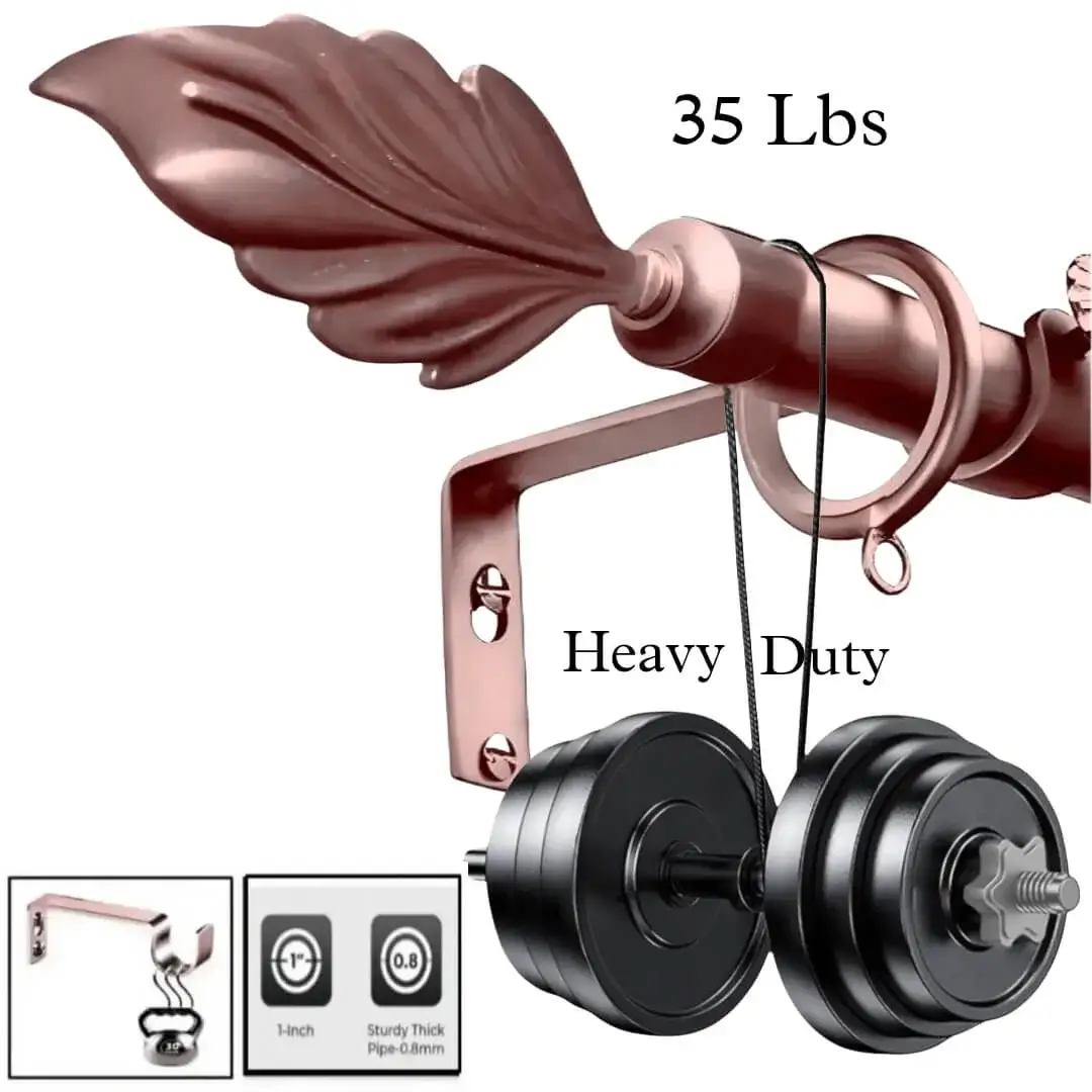 heavy duty curtain rod 80 inch heavy duty curtain rod - showcase: (1) Rose gold curtain rod with leaf finial supporting 35 lbs weight (text: 'Heavy Duty, Thick and Sturdy'), proving luxury meets strength (0.8mm thick, 1-inch diameter). (2) Smooth telescoping adjustment (text: 'Simple and Smooth'). (3) Ideal for heavy blackout curtains.