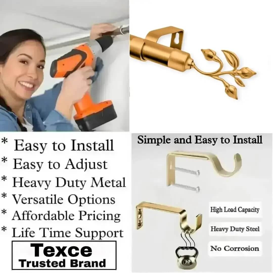 heavy duty parda rail heavy duty parda rail - showcase, Three-panel showcase: (1) DIY girl installing a curtain rod with a drill, (2) elegant leaf-shaped finial rod design, and (3) close-up of heavy-duty steel brackets. Overlay text highlights: ‘Easy to install, corrosion-proof steel, versatile styles, affordable pricing, lifetime support, and Texce—a trusted brand