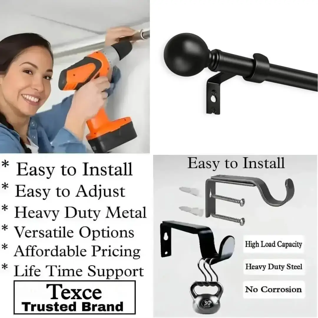 adjustable curtain pole with brackets adjustable curtain pole with brackets - Three-panel showcase: (1) DIY girl installing a curtain rod with a drill, (2) elegant ball-shaped finial rod design, and (3) close-up of heavy-duty steel brackets. Overlay text highlights: ‘Easy to install, corrosion-proof steel, versatile styles, affordable pricing, lifetime support, and Texce—a trusted brand