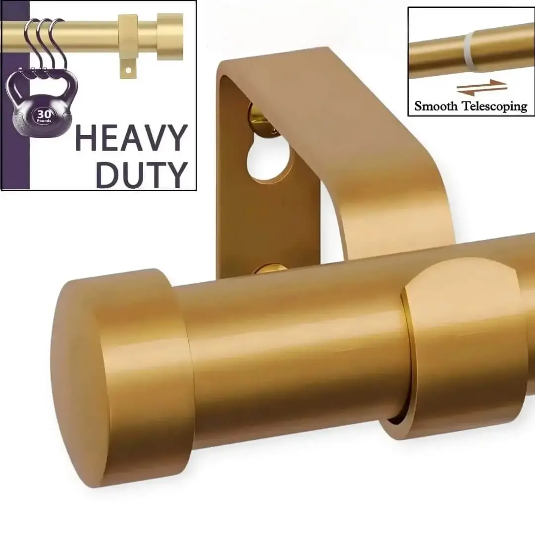 adjustable heavy duty curtain rod adjustable heavy duty curtain rod - Four images showcasing a gold adjustable curtain rod, 1) Main image is gold colour curtain rod, 2) Image with curtain rod holding heavy weight, text highlights '1 inch curtain rod, Heavy Duty – Holds 35 lbs with ease'; 3) Close-up of telescoping mechanism with 'Easily Adjustable, Smooth Telescoping and not to worry about inaccurate measurements' text; 4) Curtain bracket holding heavy weight showcasing its strength and sturdiness
