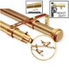 antique gold double curtain rod set antique gold double curtain rod set - Three-panel display: (1) Main image of luxurious gold double curtain rods with decorative bird finials, (2) Stress test showing the rod holding heavy weight without bending, and (3) Close-up demonstrating the smooth telescopic adjustment—proving both elegance and heavy-duty performance