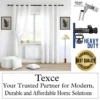good quality curtain rod Elegant white sheer curtains hanging on a heavy-duty black curtain rod installed on a window. Overlay text highlights: ‘Premium quality guaranteed—Texce, your trusted partner for modern, durable, and affordable home décor solutions