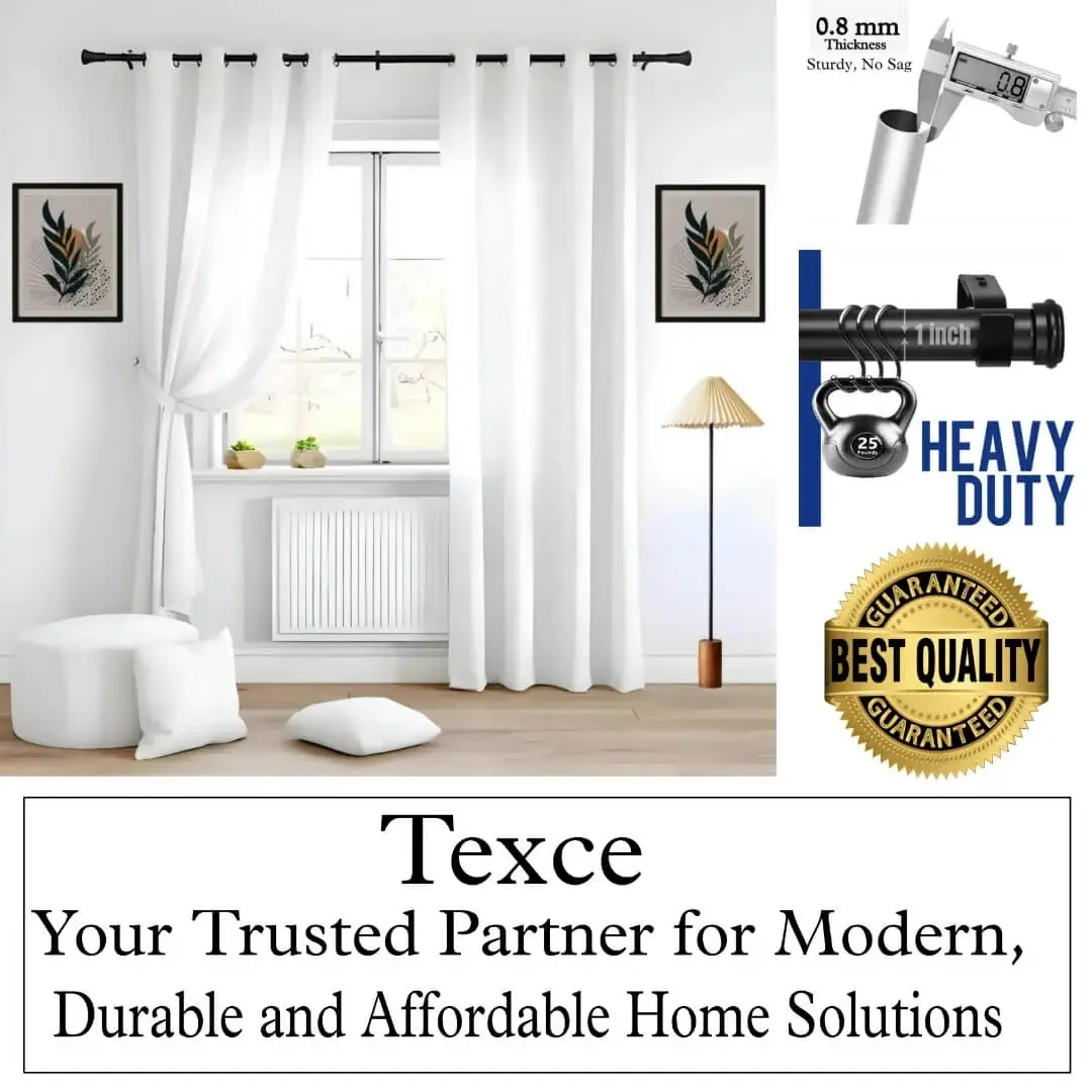 good quality curtain rod Elegant white sheer curtains hanging on a heavy-duty black curtain rod installed on a window. Overlay text highlights: ‘Premium quality guaranteed—Texce, your trusted partner for modern, durable, and affordable home décor solutions