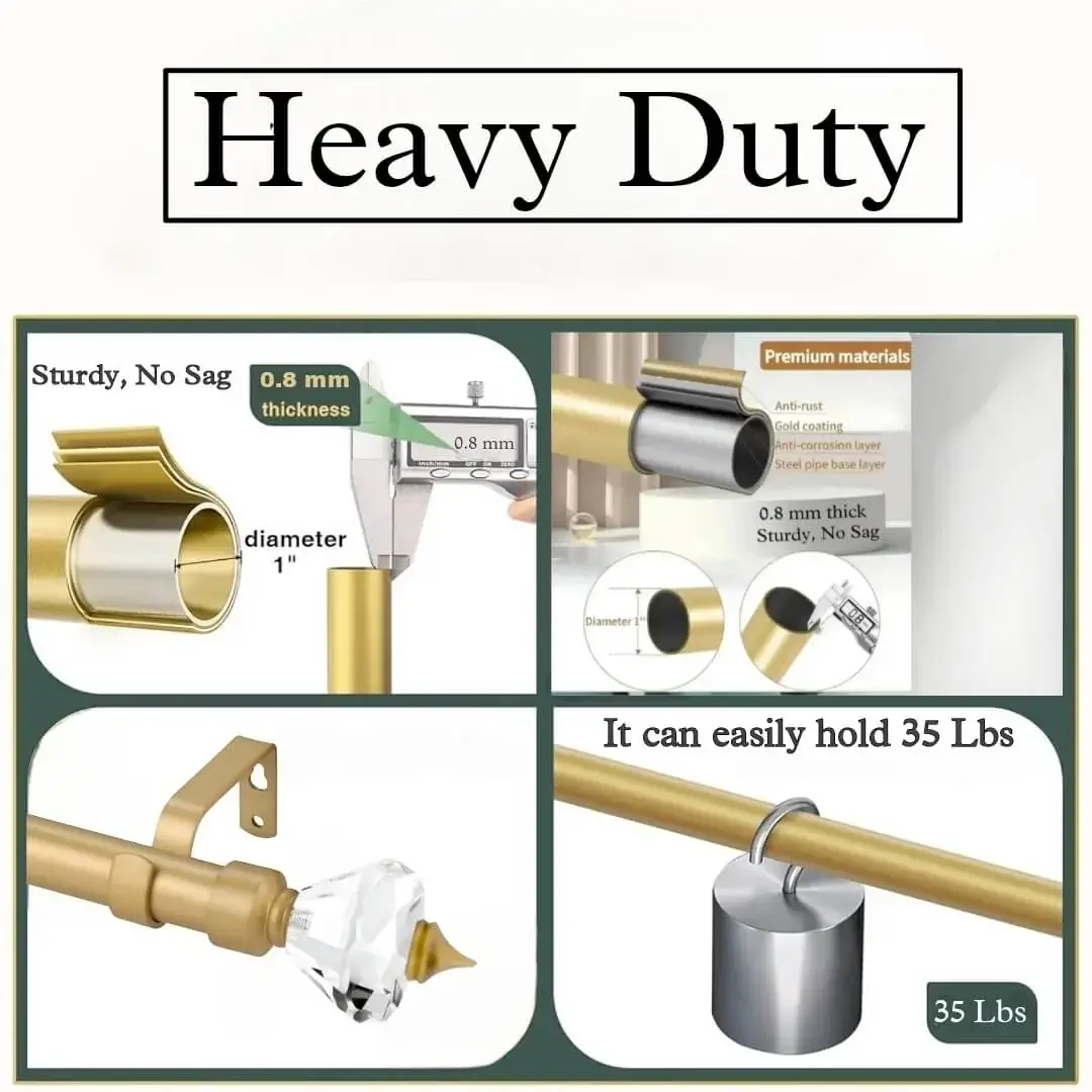 heavy duty curtain rods heavy duty curtain rods - Composite image showcasing three features of a premium curtain rod: 1) Close-up of the pole highlighting 'Anti-rust coating, 0.8mm thickness, 1-inch diameter' for durable construction. 2) A strength demonstration, holding heavy weight with text '35 lbs load capacity'. 3) The elegant final product: a gold curtain rod with a crystal finial.