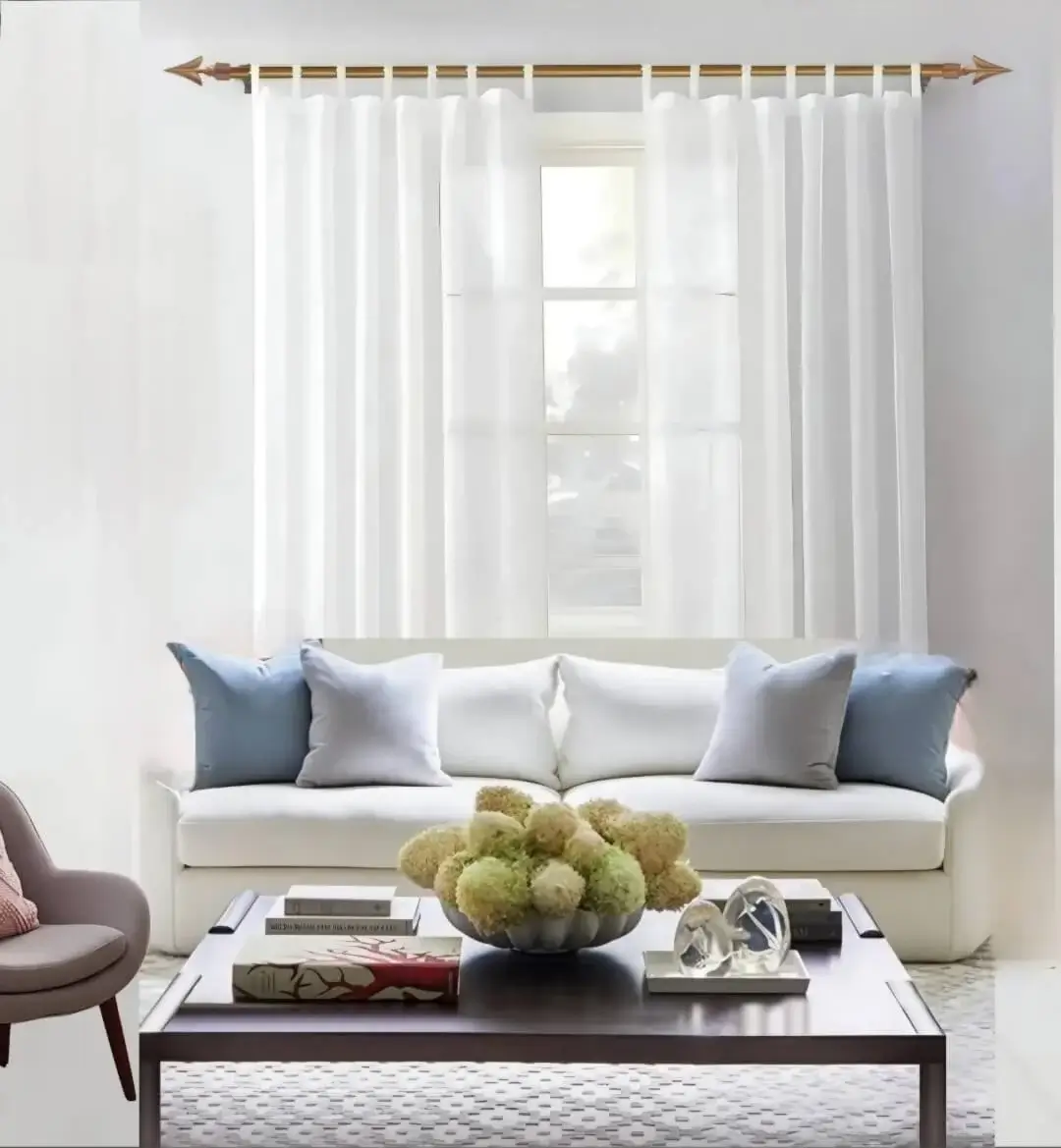 extendable curtain rod set for living room extendable curtain rod set for living room - Stylish living room with flowing curtains on a curtain rod, paired with a cozy sofa set, vibrant cushions, and wall paintings—creating a chic, inviting ambiance.