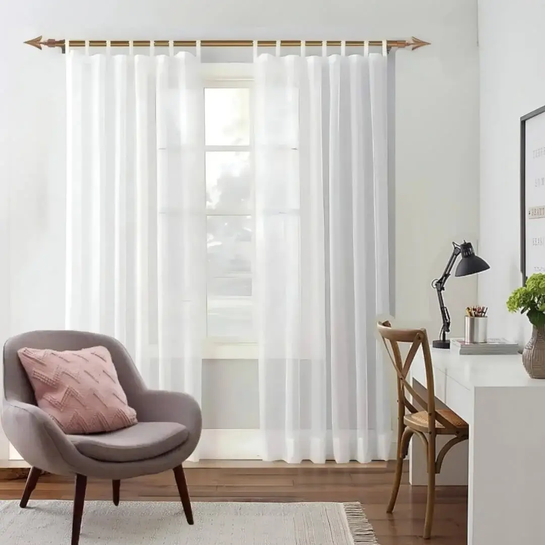 adjustable curtain rod set for living room adjustable curtain rod set for living room - Stylish living room with flowing curtains on a adjustable gold curtain rod, paired with a study table, and single seater sofa set—creating a chic, inviting ambiance.